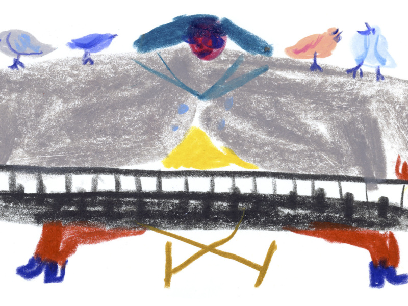 Piirroskuva, jossa sinitukkainen henkilö soittaa suurta pianoa
