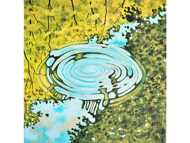 Taidemaalari Sebastian Lindbergin maalaus, jossa veden pinta väreilee ja heijastaa ympäröivää maisemaa.