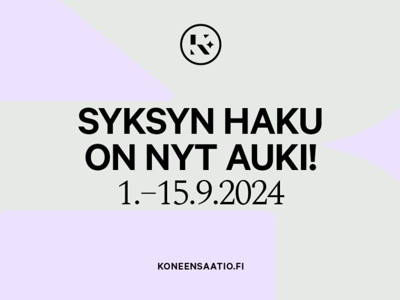 Harmaa planssi vaaleanpunaisin kuvioin. Planssissa on Koneen Säätiön symboli ja teksti "Syksyn haku on nyt auki! 1.–15.9.2024"