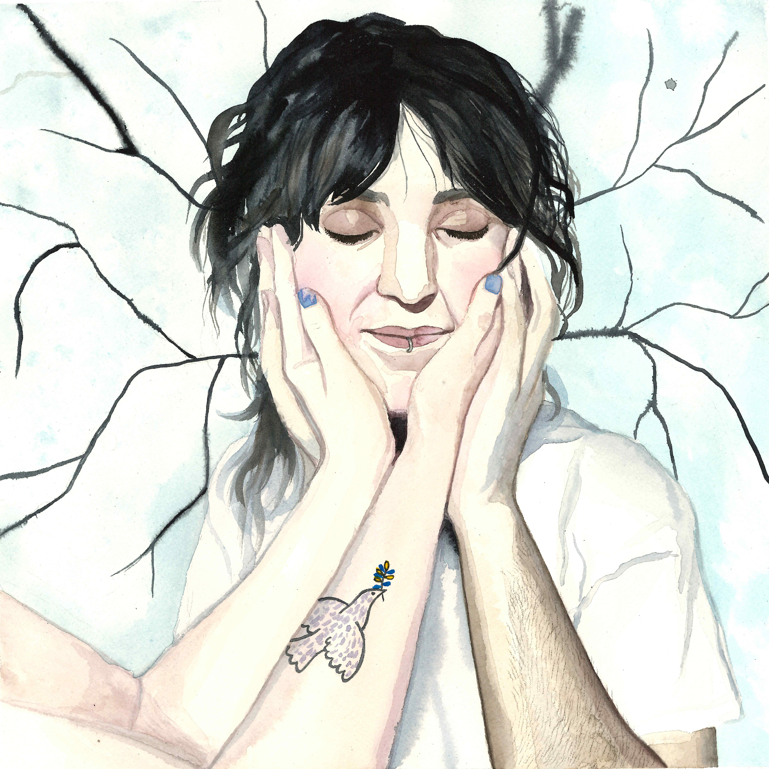 A watercolor portrait illustration of a dark haired person smiling with their eyes closed, being cradled by four hands. It is unclear who the hands belong to. On on of the arms, there is a tattoo of a dove of peace. Dark twigs branch out from the persons hair on the background.