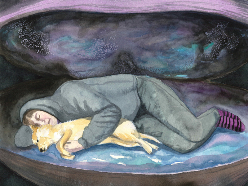 Watercolour illustration of a person lying on their side hugging a cream-coloured dog. The person is wearing a black hoodie, black trousers and striped woollen socks. A dark purple background encloses the duo in its embrace.