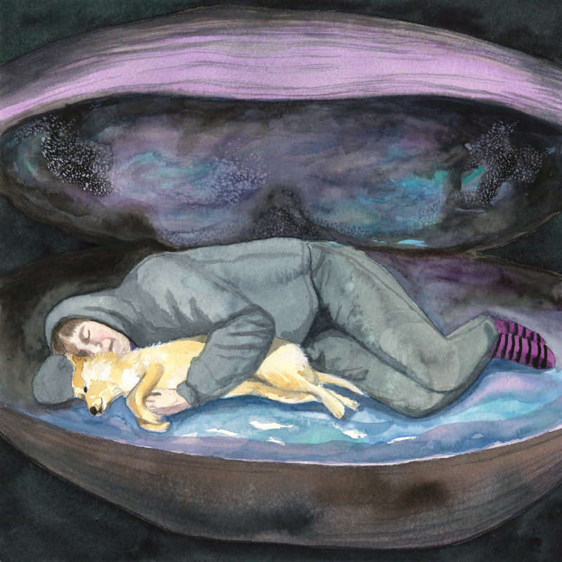 Watercolour illustration of a person lying on their side hugging a cream-coloured dog. The person is wearing a black hoodie, black trousers and striped woollen socks. A dark purple background encloses the duo in its embrace.