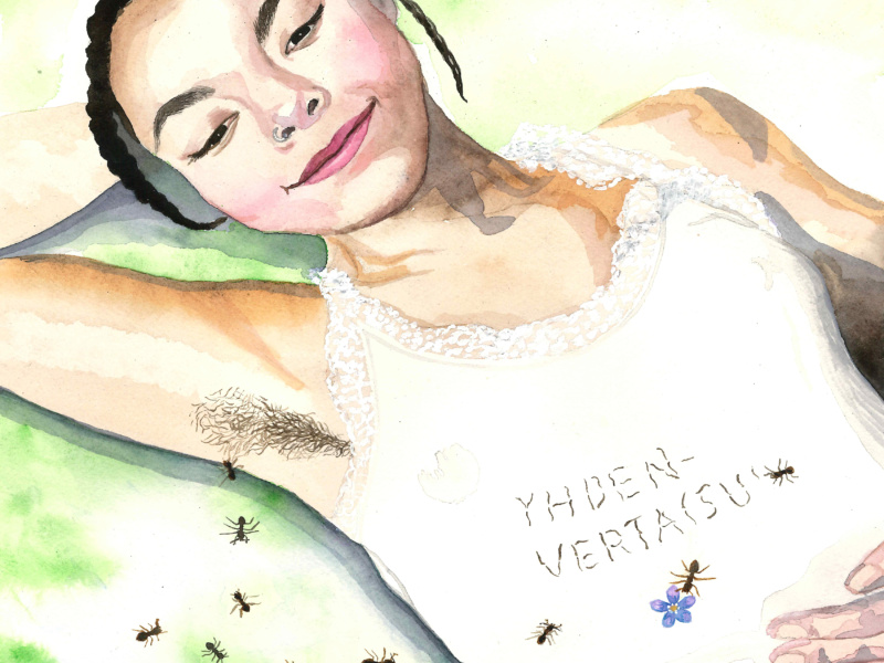 Watercolour illustration. A person is lying on a green lawn with a relaxed expression on their face, wearing a white top with the word "equality" embroidered on it. Ants walk on their shirt and ground.