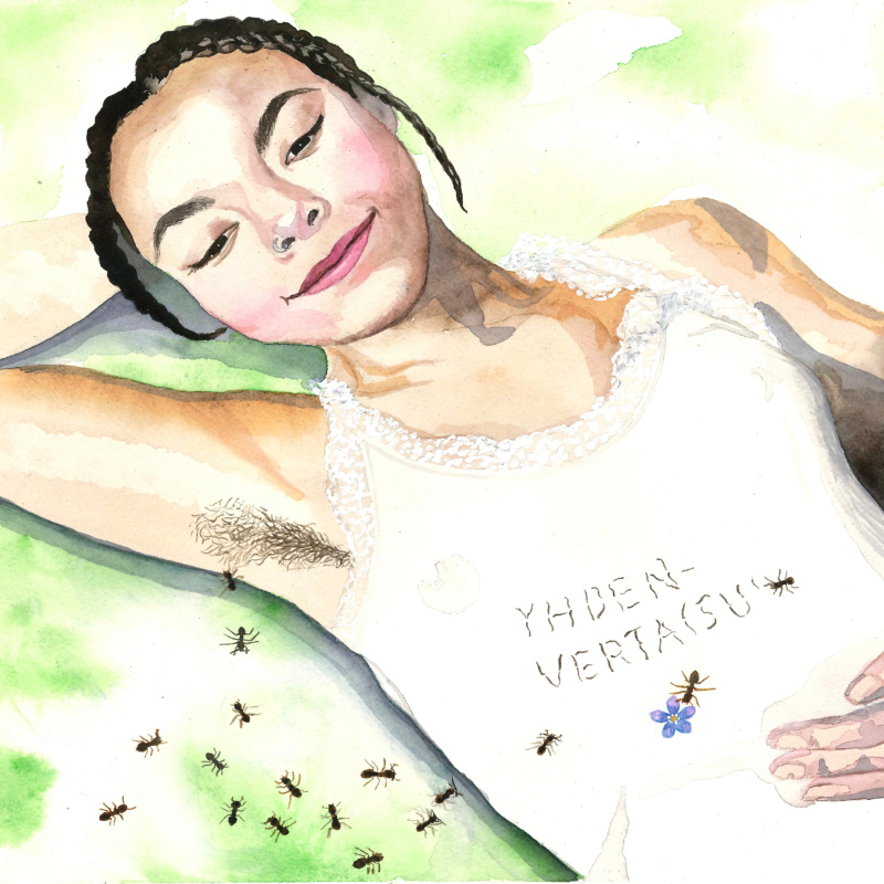 Watercolour illustration. A person is lying on a green lawn with a relaxed expression on their face, wearing a white top with the word "equality" embroidered on it. Ants walk on their shirt and ground.